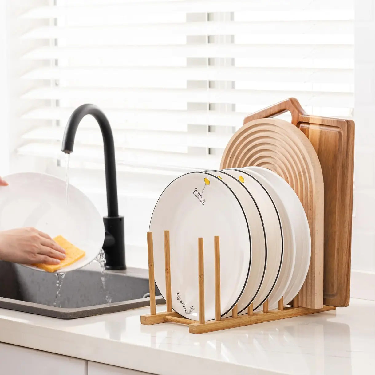 Heighten and Widen Bamboo Dish Dying Rack Pot Lid Plate Organizer Holder for Cabinet, Cutting Board Stand Drainer Storage Plate Rack for Dish, Pot Lid, Bowl, Cup, Cutting Board and Books
