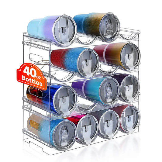 Large Compartment Water Bottle Organizer,2/3/4 Tier Stackable Water Bottle Rack for Cabinet,Tumbler Storage Organizer for Kitchen,Fridge,Cabinet Organization and Storage,Clear Water Bottle Storage Rack Display Stand