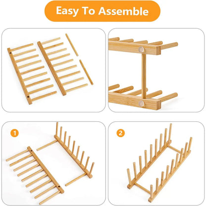 Heighten and Widen Bamboo Dish Dying Rack Pot Lid Plate Organizer Holder for Cabinet, Cutting Board Stand Drainer Storage Plate Rack for Dish, Pot Lid, Bowl, Cup, Cutting Board and Books
