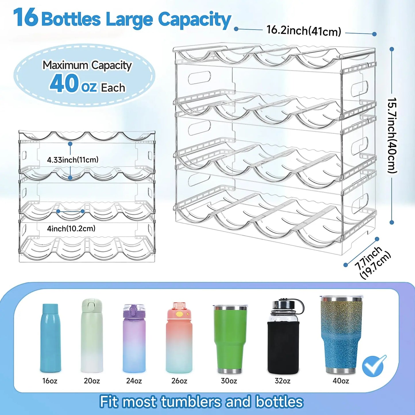Large Compartment Water Bottle Organizer,2/3/4 Tier Stackable Water Bottle Rack for Cabinet,Tumbler Storage Organizer for Kitchen,Fridge,Cabinet Organization and Storage,Clear Water Bottle Storage Rack Display Stand