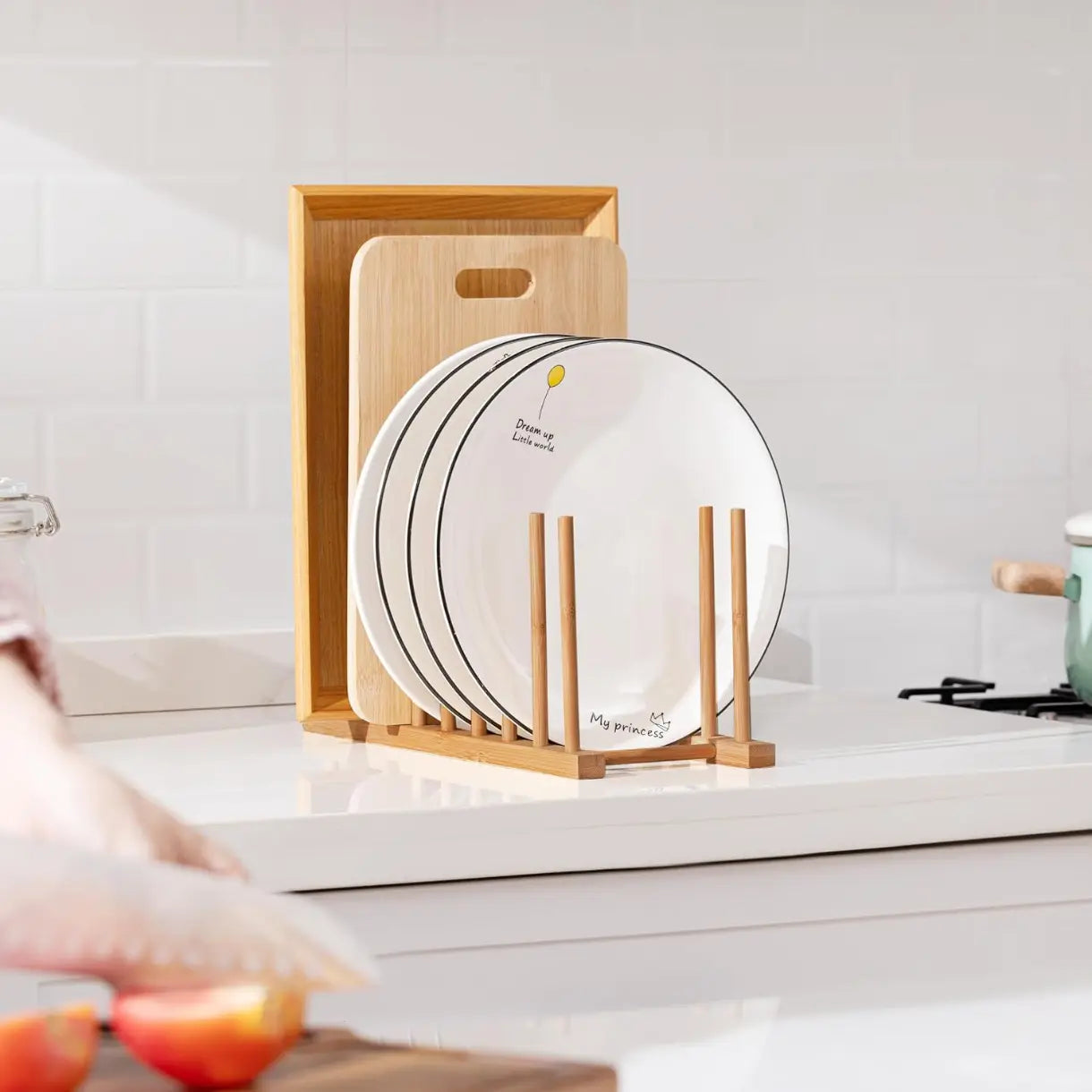 Heighten and Widen Bamboo Dish Dying Rack Pot Lid Plate Organizer Holder for Cabinet, Cutting Board Stand Drainer Storage Plate Rack for Dish, Pot Lid, Bowl, Cup, Cutting Board and Books