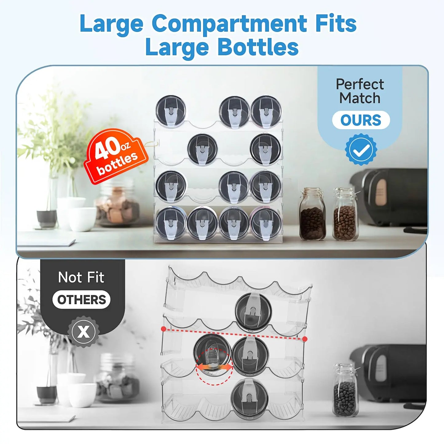 Large Compartment Water Bottle Organizer,2/3/4 Tier Stackable Water Bottle Rack for Cabinet,Tumbler Storage Organizer for Kitchen,Fridge,Cabinet Organization and Storage,Clear Water Bottle Storage Rack Display Stand