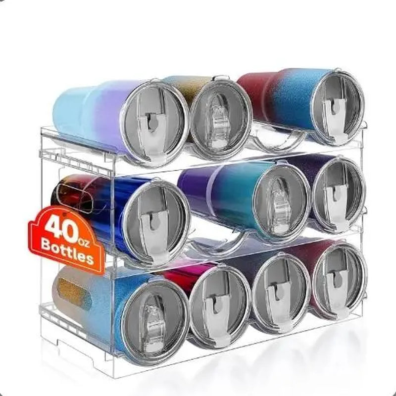 Large Compartment Water Bottle Organizer,2/3/4 Tier Stackable Water Bottle Rack for Cabinet,Tumbler Storage Organizer for Kitchen,Fridge,Cabinet Organization and Storage,Clear Water Bottle Storage Rack Display Stand