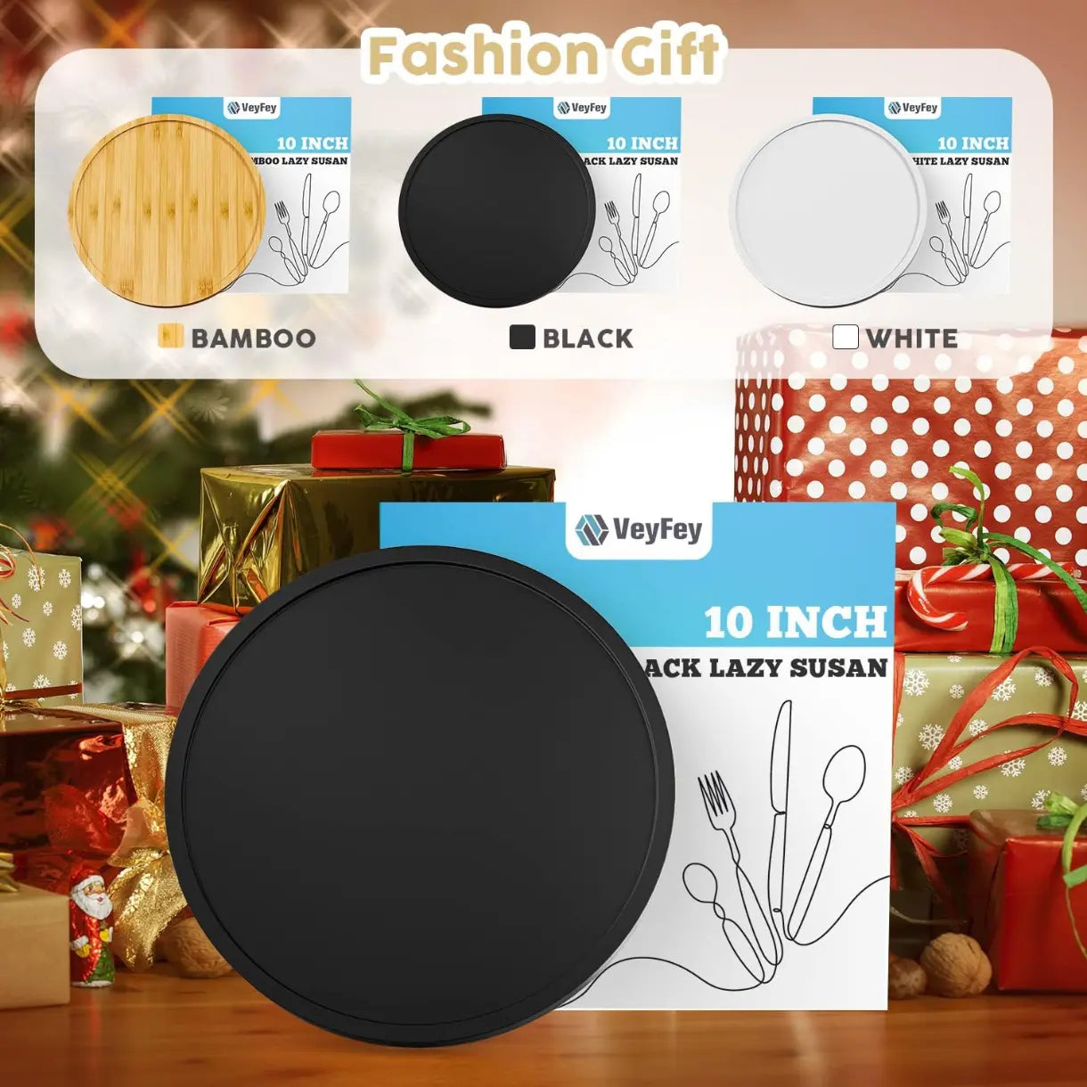 Turntable Vanity Tray 10 Inch for Perfume Candle, Bamboo Kitchen Sink Countertop Organizer Keep Glass, Sponge and Soap Bathroom Coffee Table Decorative Black (VFLZ)
