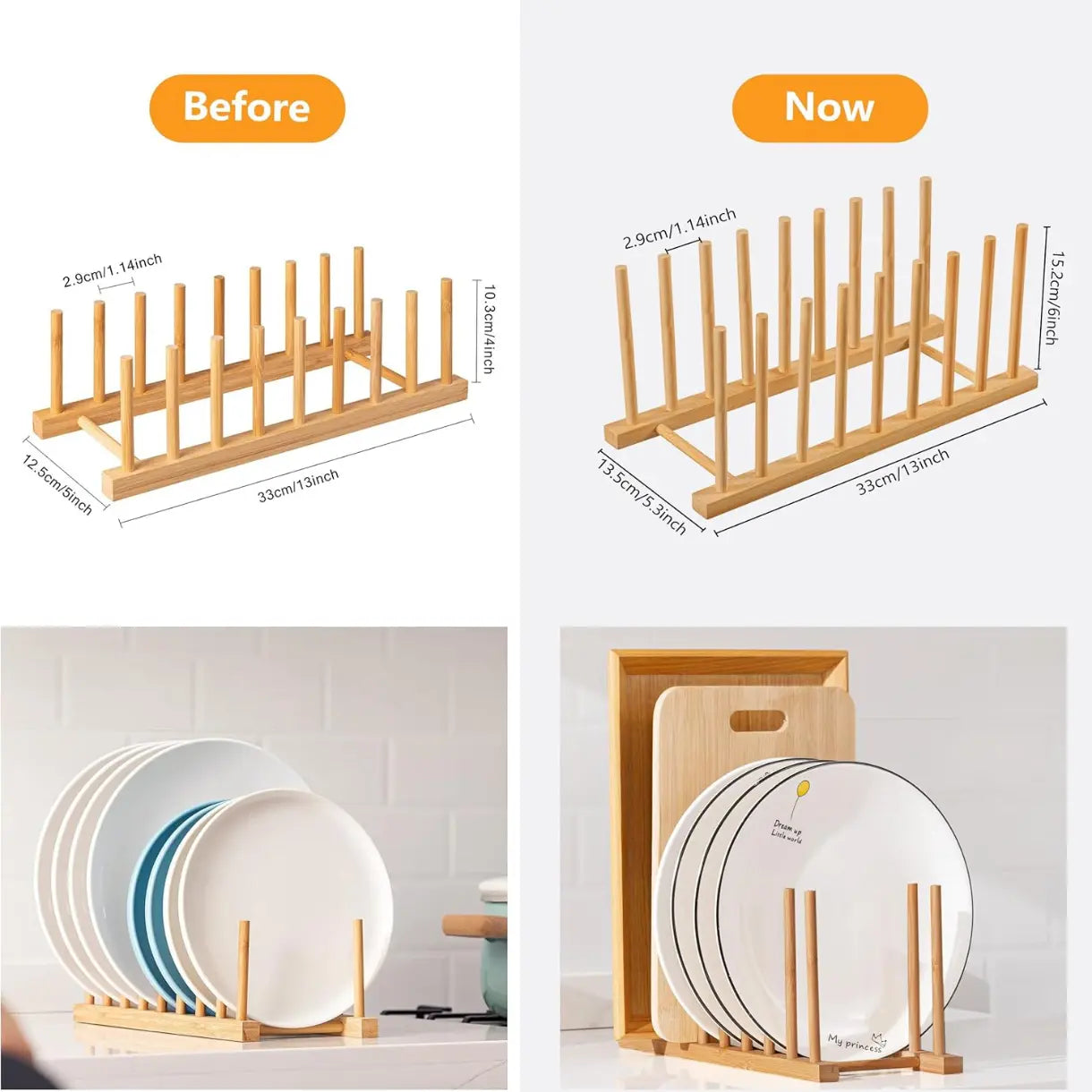 Heighten and Widen Bamboo Dish Dying Rack Pot Lid Plate Organizer Holder for Cabinet, Cutting Board Stand Drainer Storage Plate Rack for Dish, Pot Lid, Bowl, Cup, Cutting Board and Books