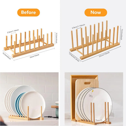 Heighten and Widen Bamboo Dish Dying Rack Pot Lid Plate Organizer Holder for Cabinet, Cutting Board Stand Drainer Storage Plate Rack for Dish, Pot Lid, Bowl, Cup, Cutting Board and Books