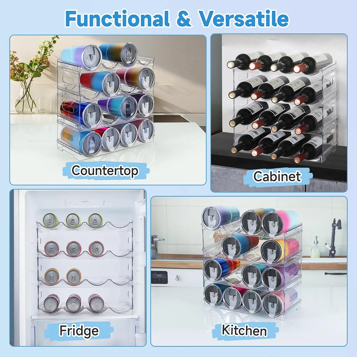 Large Compartment Water Bottle Organizer,2/3/4 Tier Stackable Water Bottle Rack for Cabinet,Tumbler Storage Organizer for Kitchen,Fridge,Cabinet Organization and Storage,Clear Water Bottle Storage Rack Display Stand